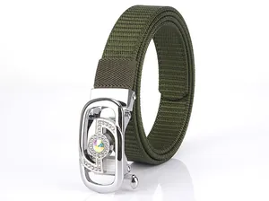 Detail of army green nylon woven belt featuring a polished silver buckle with crystals
