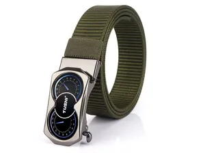 Close-up of army green nylon tactical belt with gun-grey automatic metal buckle detail
