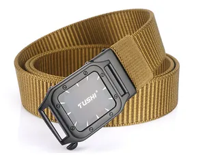 Detail of khaki nylon tactical belt featuring a matte black automatic buckle with logo