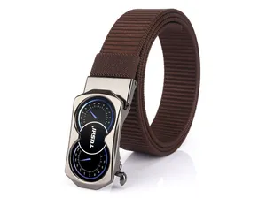 Close-up of brown woven belt with gunmetal automatic buckle featuring blue dial designs