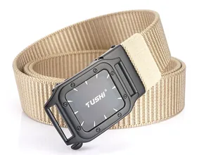 Detailed view of tactical khaki nylon belt with black matte metal toothless buckle