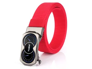 Detail view of red nylon woven belt with a unique dashboard-inspired metal buckle
