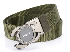 Detail of army green nylon woven belt with gunmetal alloy buckle and TUSHI logo