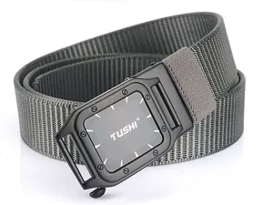 Detailed view of grey nylon webbing strap with black metal automatic buckle for outdoor use