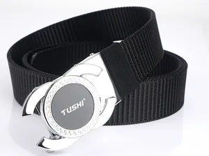 Close-up of black nylon woven belt featuring a silver alloy buckle with Greek key patterns