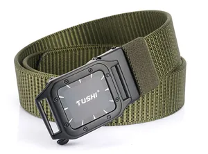 Close-up of olive green nylon tactical belt with matte black automatic metal buckle
