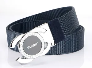 Macro shot of the navy nylon belt webbing with a decorative silver alloy automatic buckle