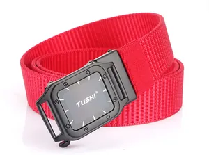 Detail view of red nylon woven belt with matte black TUSHI logo buckle and texture