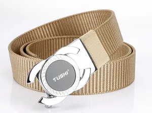 Close-up of khaki nylon woven belt with textured alloy buckle and circular pattern