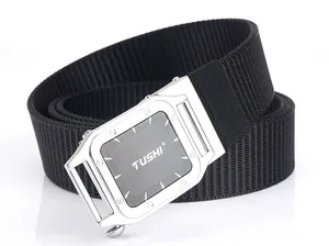 Detailed close-up of tactical nylon web belt with silver metal buckle and TUSHI logo