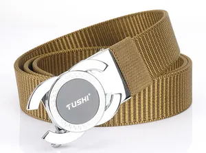 Detailed view of wolf brown nylon belt with polished silver automatic alloy buckle