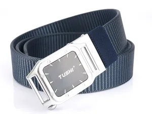 Close-up of TUSHI outdoor nylon belt with a silver metal buckle on white background