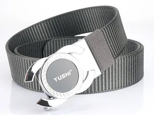 Detail of grey nylon woven belt featuring a silver alloy automatic buckle with TUSHI logo