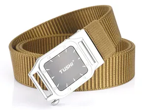 Detail of khaki nylon web belt showing silver automatic buckle with brand logo