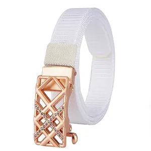 Damen Casual Nylon Geflochtener Gürtel Mit Strassbesetzter Zinklegierung Automatikschließe Mode Hüftgürtel Für Den Alltag