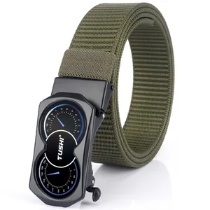 Army green woven nylon belt for men with unique TUSHI car dashboard buckle design