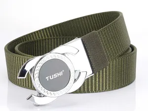Close-up of moss green tactical nylon belt with silver mirror-finish automatic alloy buckle