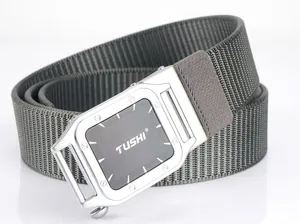Detail of grey nylon belt strap texture and metallic buckle with industrial TUSHI logo