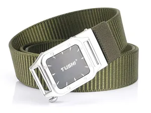 Industrial style buckle detail on tactical nylon belt with silver screw decorative accents
