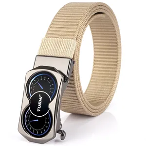 Men's khaki nylon belt with automatic metal buckle featuring a dual dashboard design