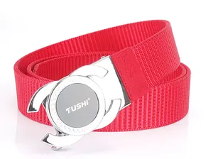 Detail of red nylon belt showing rugged texture and silver alloy automatic buckle