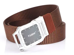 Close-up of TUSHI brand brown nylon canvas belt with a silver square automatic buckle