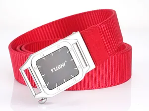 Close-up of a red nylon braided belt with a polished silver-tone automatic metal buckle