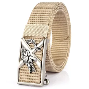 Ceinture en nylon tressé kaki avec boucle automatique à relief crocodile