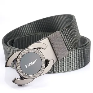 Mens grey nylon woven belt with matte alloy automatic buckle and subtle pattern detail