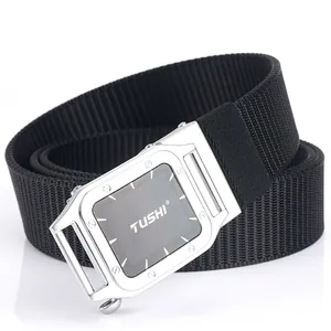 Men's outdoor tactical nylon belt with smooth silver automatic buckle and black strap