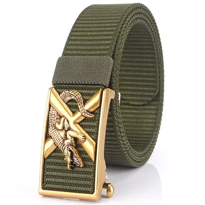 Ceinture tactique en nylon vert pour homme avec boucle automatique crocodile dorée