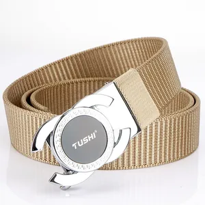 Men's khaki nylon belt with a silver automatic alloy buckle and classic textured weave