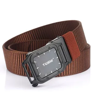 Brown woven nylon belt with matte black automatic buckle featuring industrial TUSHI logo
