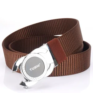 Brown nylon woven belt with silver automatic alloy buckle and classic Greek fret pattern