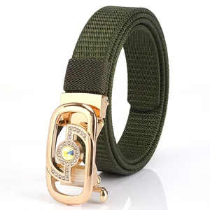 Army green woven nylon belt with luxury rhinestone buckle for women's dresses