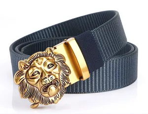 Macro view of gold 3D lion head buckle with blue tactical nylon canvas webbing strap