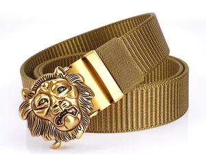 Macro detail of men's olive green nylon belt featuring a gold lion head buckle