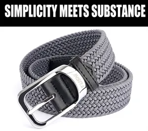 Macro detail of grey elastic woven belt with black leather joint and silver metal buckle