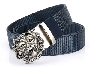 Detail of navy nylon tactical belt featuring a vintage silver 3D lion head buckle