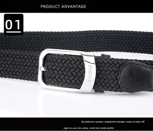 Detail of zinc alloy buckle and black woven elastic belt with TUSHI engraving
