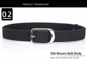 Detailed macro view of black silk woven belt strap with silver quick release metal buckle