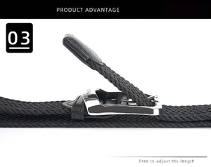 Macro detail of elastic woven belt featuring a silver metal buckle and textured weave