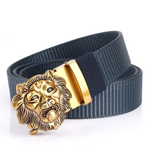 Men Casual Tactical Nylon Belt With Antique Lion Head Zinc Alloy Automatic Buckle Adjustable Military Waistband For Outdoor Wear