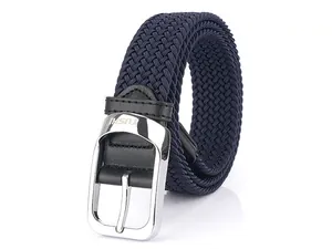 Detail of navy blue woven elastic belt with polished silver pin buckle and leather trim