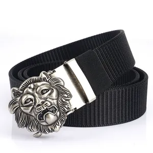 Men's tactical nylon belt with silver lion head alloy buckle on white background