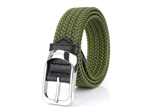 Detail of army green woven elastic belt with silver metal buckle and TUSHI logo