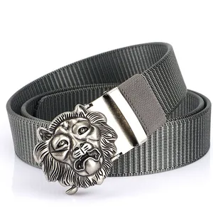 Men's grey nylon tactical belt with a metallic silver lion head buckle on white background