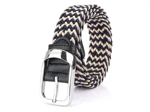 Macro shot of navy and beige woven elastic belt with silver buckle and TUSHI engraving