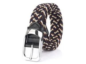 Detail of navy, brown, and beige braided elastic belt with silver buckle and leather joints