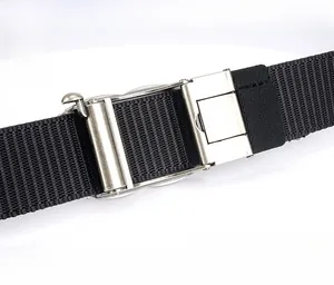 Detail of heavy-duty black nylon belt showing zinc alloy quick release buckle mechanism